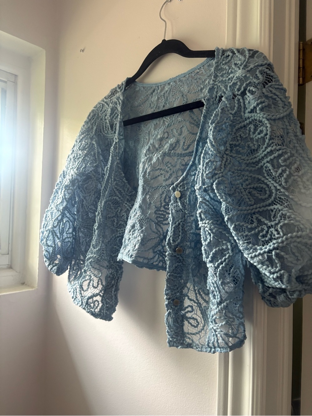 Light Blue Lace Puff-Sleeve Cropped Jacket